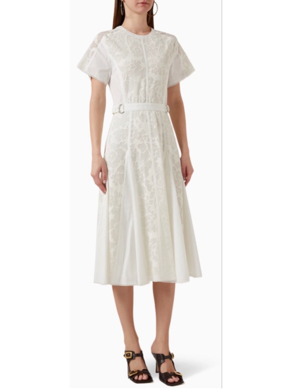 Women's 3.1 Phillip Lim White Lace Short-Sleeve Pleated Midi Dress Size 12